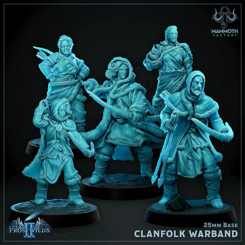 Five miniature figures of Clanfolk from 'Frostwilds' by Mammoth Factory on a dark background.