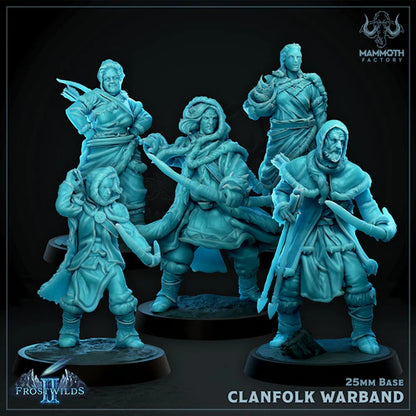 Five miniature figures of Clanfolk from 'Frostwilds' by Mammoth Factory on a dark background.