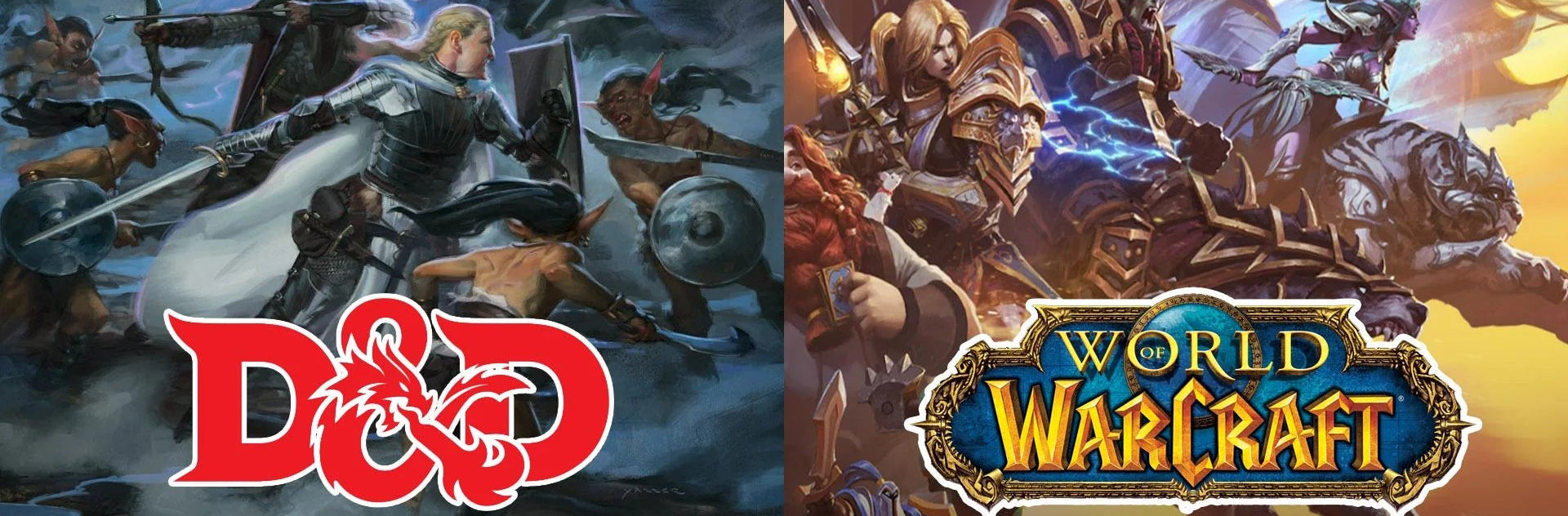 A split promotional graphic showing fantasy artwork from Dungeons & Dragons on the left and World of Warcraft on the right, with the D&D logo in red at the bottom left and the World of Warcraft logo at the bottom right.